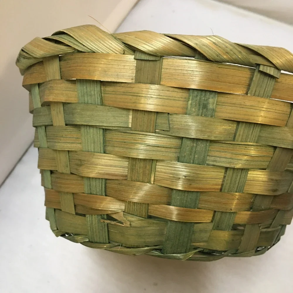 Woven Basket Small Green Natural Bamboo Straw Round Storage Decor Cottagecore
